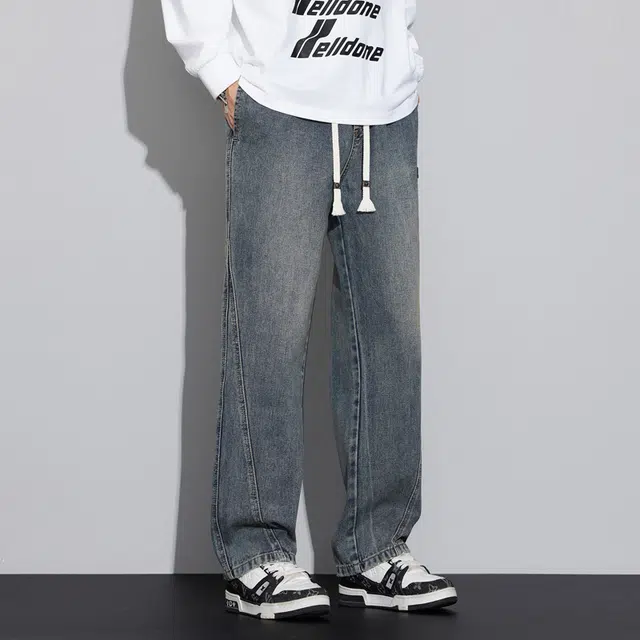 么宁 美式高街复古水洗宽松直筒简约百搭舒适透气阔腿牛仔裤 男女同款