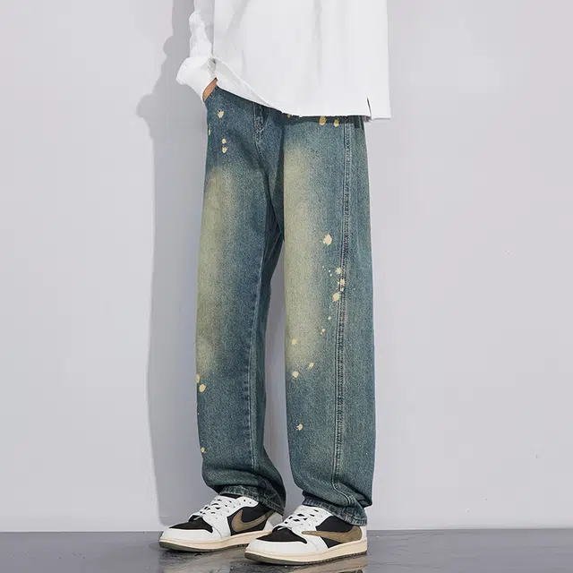 么宁 涂鸦印花美式高街水洗做旧宽松直筒简约百搭潮流时尚舒适透气个性痞帅休闲运动牛仔裤 男女同款 复古