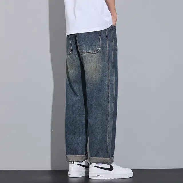 么宁 美式高街水洗做旧宽松直筒简约百搭潮流时尚舒适透气个性痞帅休闲运动牛仔裤 男女同款