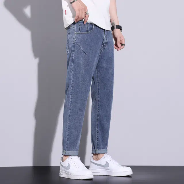 么宁 个性刺绣修身小脚九分裤潮流时尚简约百搭舒适透气休闲锥形牛仔裤 男女同款