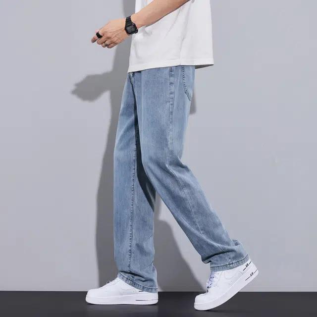 么宁 潮流时尚简约百搭薄款弹力松紧腰宽松直筒舒适透气牛仔裤 男女同款