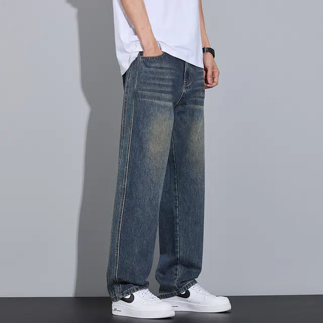 么宁 美式高街水洗做旧宽松直筒简约百搭潮流时尚舒适透气个性痞帅休闲运动牛仔裤 男女同款
