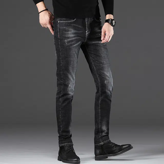 么宁 秋冬季韩版潮流修身小直筒裤弹力舒适透气简约百搭个性痞帅休闲保暖加绒牛仔裤 男女同款