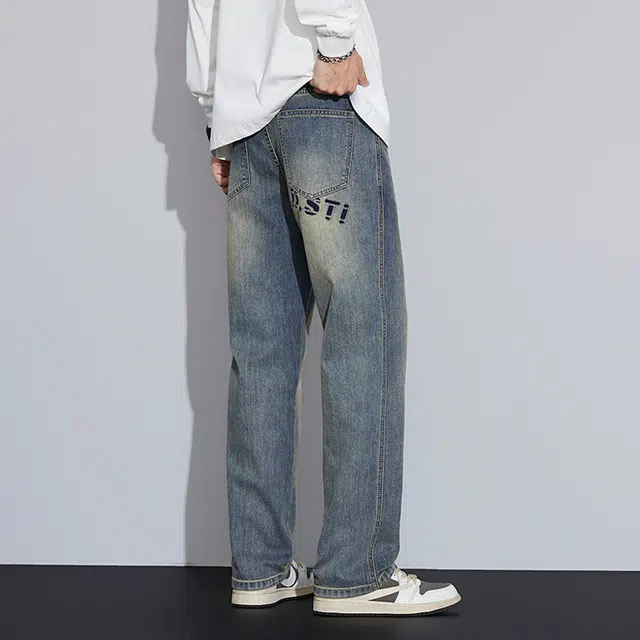 么宁 美式复古水洗宽松直筒裤潮流时尚字母刺绣弹力舒适透气耐穿耐磨个性痞帅休闲牛仔裤 男女同款