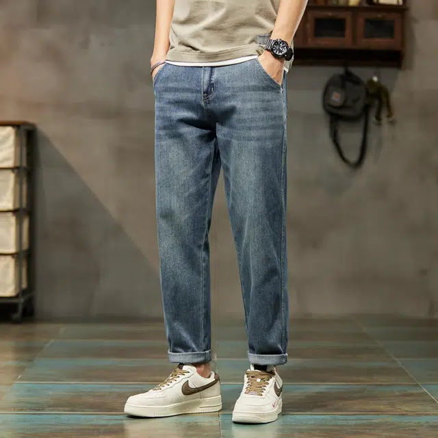 么宁 韩版潮流简约百搭九分裤舒适透气宽松直筒复古水洗弹力休闲牛仔裤 男女同款