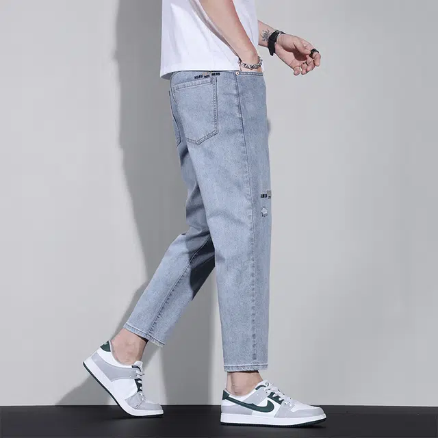 么宁 简约百搭修身时尚舒适破洞九分牛仔裤 男女同款