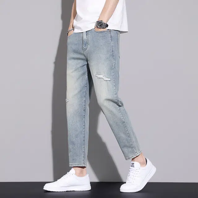 么宁 简约百搭潮流时尚修身直筒舒适透气个性痞帅弹力九分破洞牛仔裤 男女同款