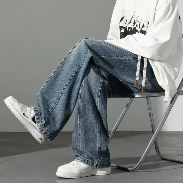 么宁 秋冬季美式复古拼接宽松直筒裤潮流时尚舒适透气个性痞帅休闲百搭牛仔裤 男女同款