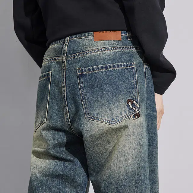 么宁 麻绳刺绣美式高街水洗做旧宽松直筒简约百搭潮流时尚舒适透气个性痞帅休闲运动牛仔裤 男女同款