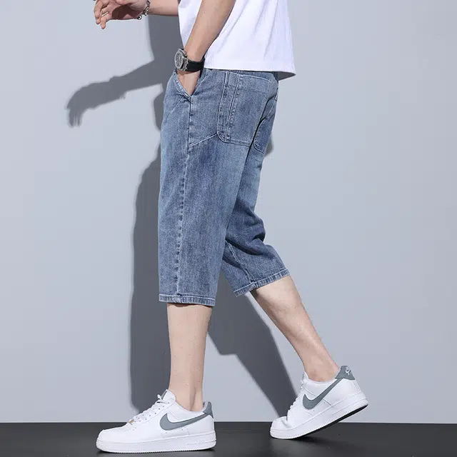 么宁 夏季薄款潮流时尚合身直筒七分裤简约百搭舒适透气弹力休闲个性痞帅牛仔短裤 男女同款