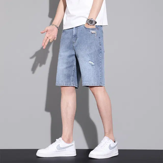 么宁 刺绣锯齿印花薄款速干舒适透气宽松直筒简约百搭个性痞帅弹力破洞五分裤牛仔短裤 男女同款