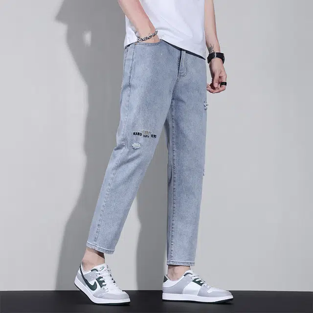 么宁 简约百搭修身时尚舒适破洞九分牛仔裤 男女同款