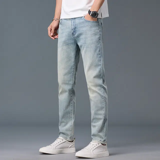 么宁 韩版潮流时尚修身弹力直筒裤舒适透气简约百搭个性痞帅运动休闲牛仔裤 男女同款