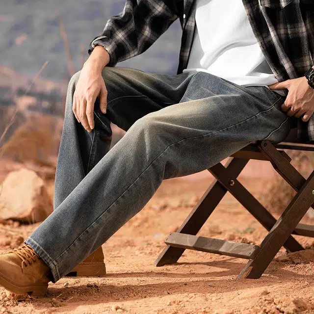 么宁 美式高街复古水洗做旧宽松直筒简约百搭潮流时尚舒适透气个性痞帅运动休闲牛仔裤 男女同款