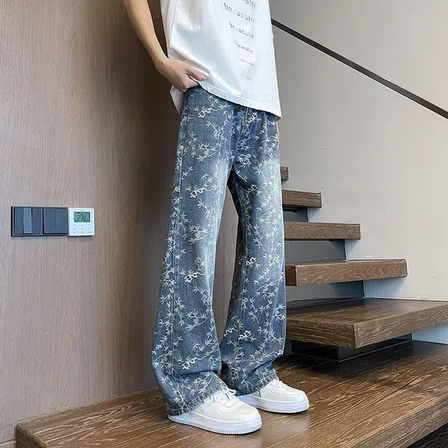 么宁 印花美式高街复古水洗潮牌高级感直筒百搭痞帅休闲牛仔裤 男女同款