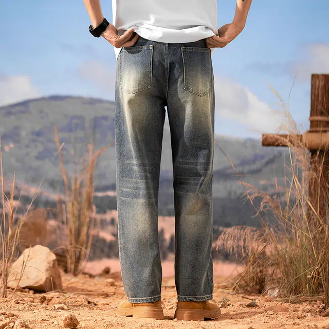 么宁 美式高街复古水洗做旧宽松直筒简约百搭潮流时尚舒适透气个性痞帅运动休闲牛仔裤 男女同款