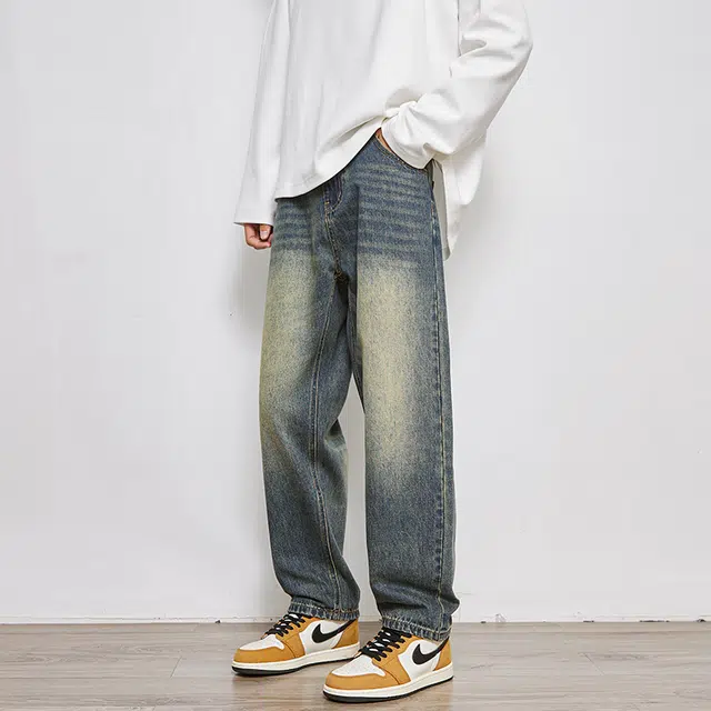 么宁 字母刺绣美式高街水洗做旧宽松直筒简约百搭潮流时尚舒适透气个性痞帅休闲运动牛仔裤 男女同款