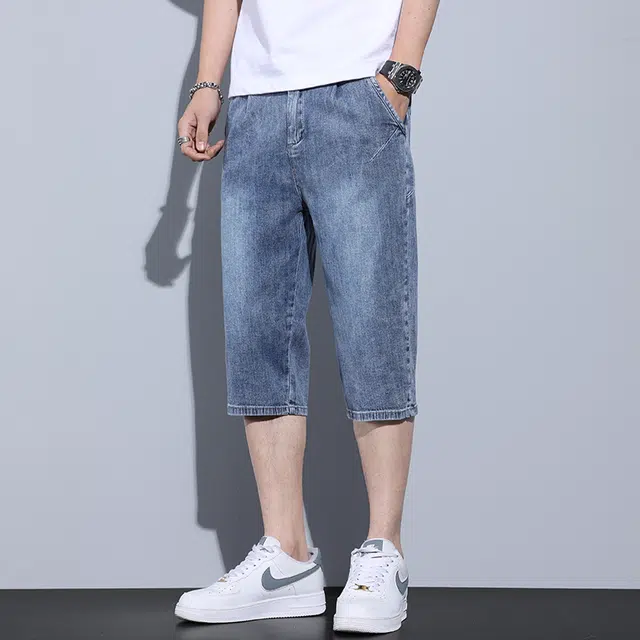 么宁 夏季薄款潮流时尚合身直筒七分裤简约百搭舒适透气弹力休闲个性痞帅牛仔短裤 男女同款