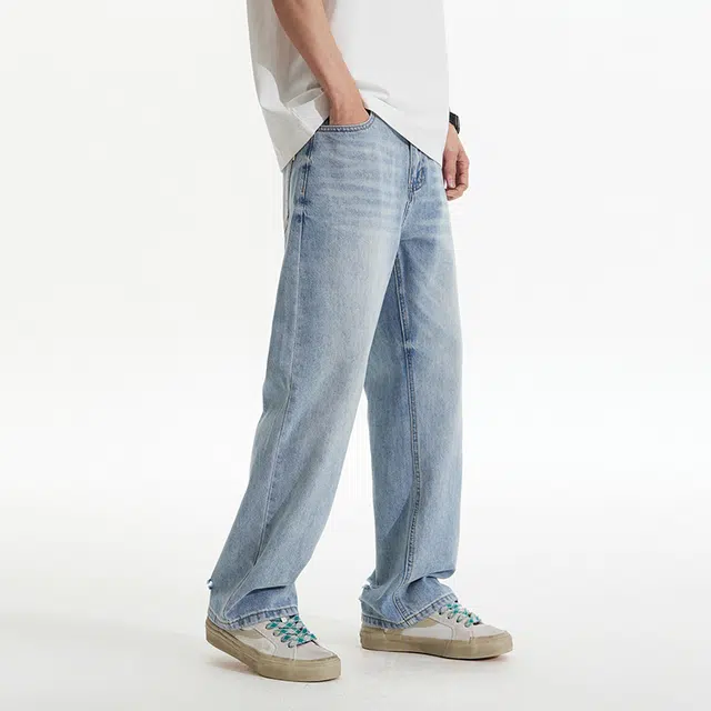 么宁 美式潮牌水洗宽松直筒舒适百搭运动休闲牛仔裤 男女同款