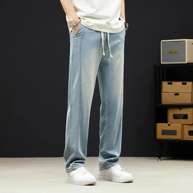 么宁 美式复古宽松直筒裤薄款简约百搭垂感弹力舒适透气个性痞帅牛仔裤 男女同款