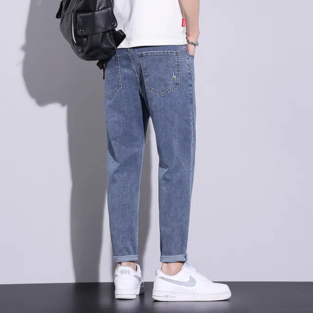 么宁 个性刺绣修身小脚九分裤潮流时尚简约百搭舒适透气休闲锥形牛仔裤 男女同款