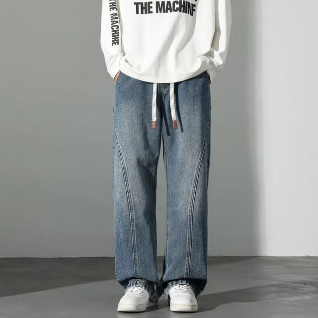 么宁 秋冬季美式复古拼接宽松直筒裤潮流时尚舒适透气个性痞帅休闲百搭牛仔裤 男女同款
