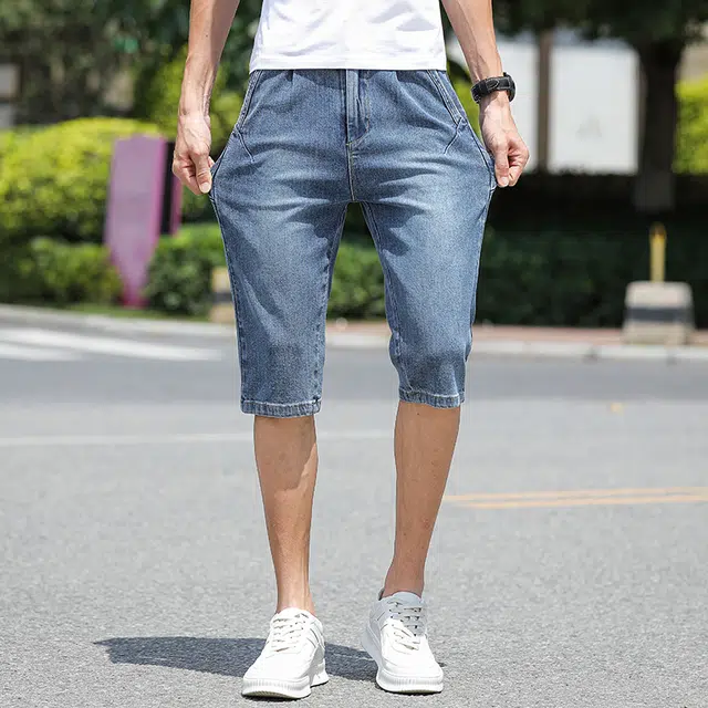 么宁 夏季薄款潮流时尚合身直筒七分裤舒适透气简约百搭弹力休闲个性痞帅牛仔短裤 男女同款