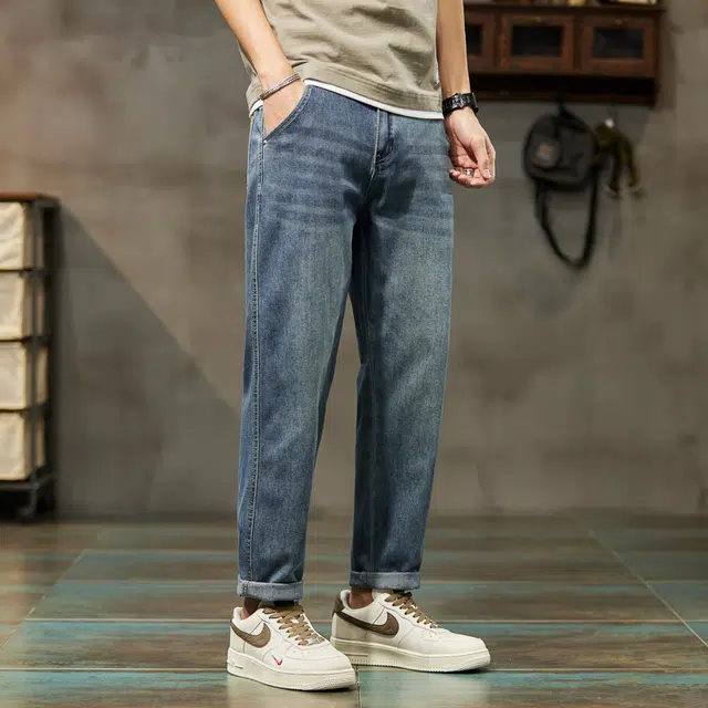 么宁 韩版潮流简约百搭九分裤舒适透气宽松直筒复古水洗弹力休闲牛仔裤 男女同款