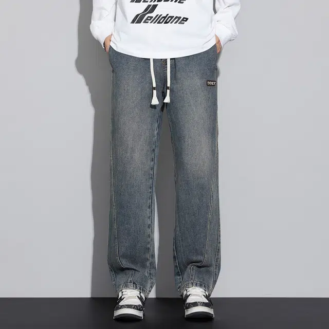 么宁 美式高街复古水洗宽松直筒简约百搭舒适透气阔腿牛仔裤 男女同款