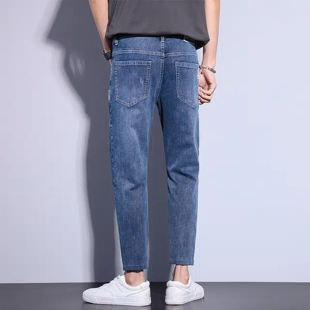 么宁 简约百搭修身直筒弹力九分裤舒适透气潮流时尚个性痞帅休闲运动牛仔裤 男女同款