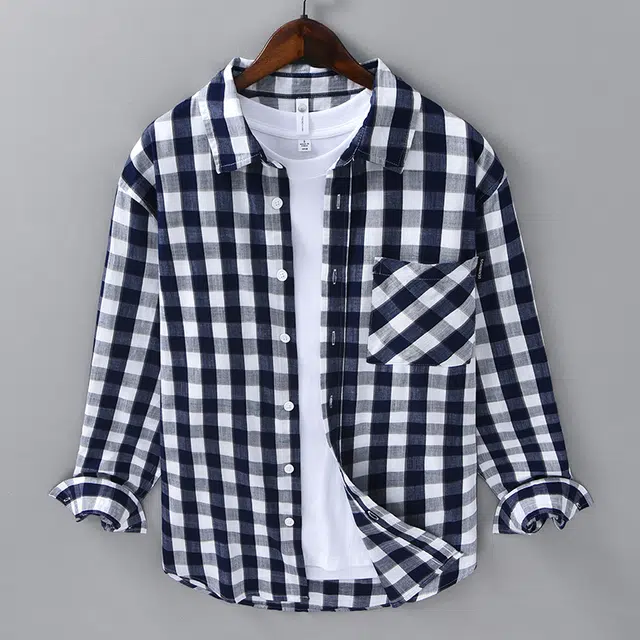 么宁 纯棉大方格子衬衣潮流时尚宽松翻领外套舒适透气休闲上衣个性百搭长袖衬衫 男女同款