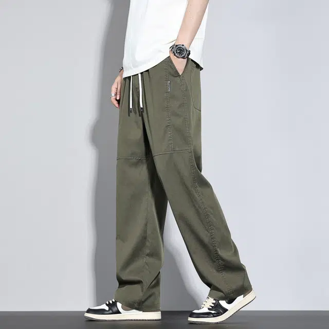 么宁 薄款拼接宽松直筒简约百搭舒适透气弹力运动阔腿休闲裤 男女同款