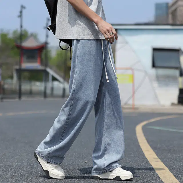 么宁 夏季薄款凉感宽松直筒舒适透气纯色简约百搭松紧腰运动休闲牛仔裤 男女同款