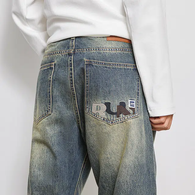 么宁 字母刺绣美式高街水洗做旧宽松直筒简约百搭潮流时尚舒适透气个性痞帅休闲运动牛仔裤 男女同款