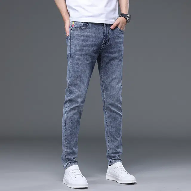 么宁 韩版潮流时尚修身弹力直筒裤舒适透气简约百搭个性痞帅运动休闲牛仔裤 男女同款