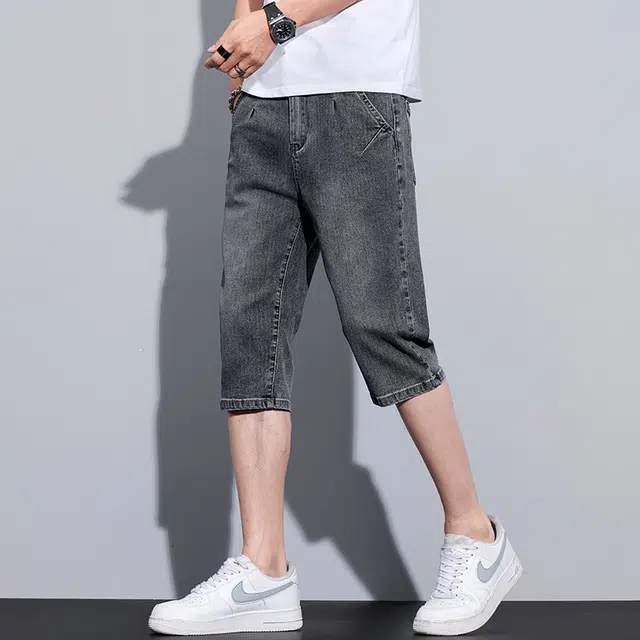 么宁 夏季薄款潮流时尚合身直筒七分裤设计感舒适透气简约百搭弹力休闲个性痞帅牛仔短裤 男女同款