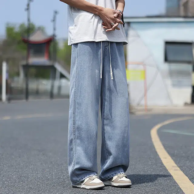 么宁 夏季薄款凉感舒适透气宽松直筒简约百搭抽绳款松紧腰阔腿牛仔裤 男女同款