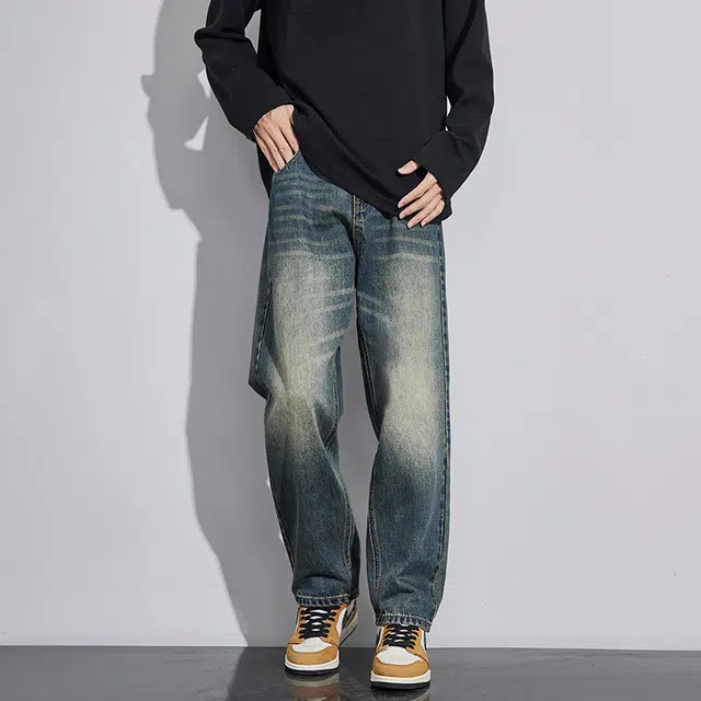 么宁 麻绳刺绣美式高街水洗做旧宽松直筒简约百搭潮流时尚舒适透气个性痞帅休闲运动牛仔裤 男女同款