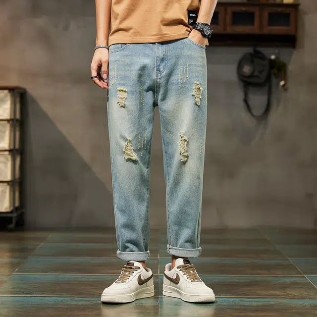 么宁 修身小脚九分裤潮流时尚舒适透气耐穿耐磨个性痞帅休闲运动破洞牛仔裤 男女同款