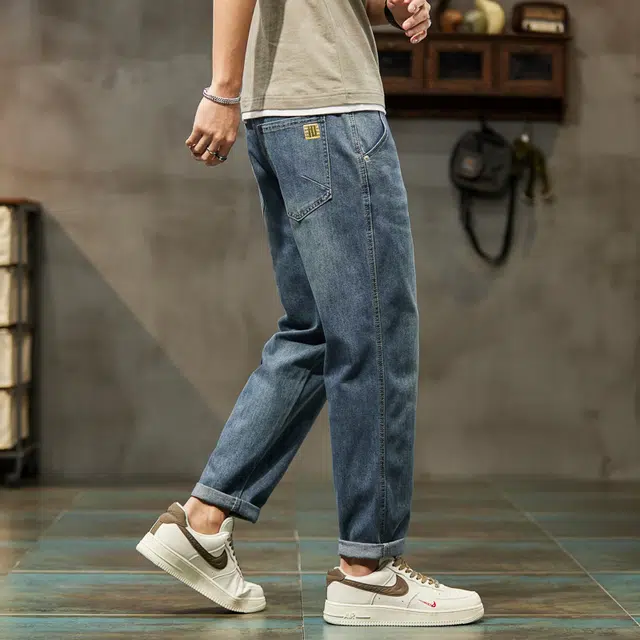 么宁 韩版潮流简约百搭九分裤舒适透气宽松直筒复古水洗弹力休闲牛仔裤 男女同款