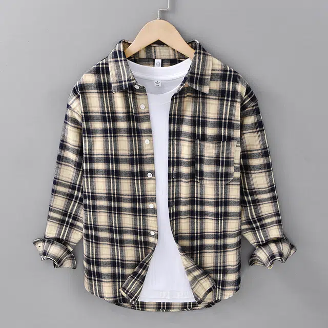 么宁 大方格子宽松翻领衬衣舒适透气休闲外套个性时尚上衣百搭磨毛长袖衬衫 男女同款
