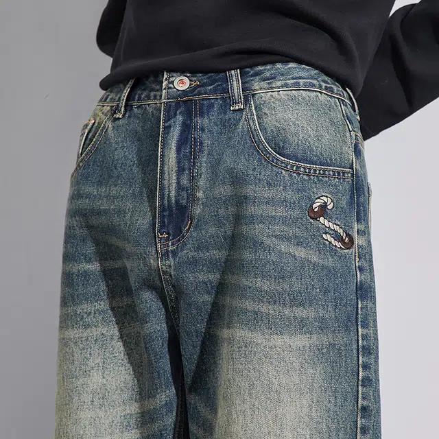 么宁 麻绳刺绣美式高街水洗做旧宽松直筒简约百搭潮流时尚舒适透气个性痞帅休闲运动牛仔裤 男女同款