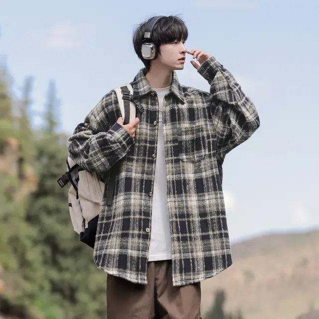 么宁 秋冬季格子长袖衬衣宽松翻领休闲外套学院风情侣个性上衣舒适透气设计感衬衫 男女同款