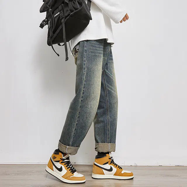 么宁 字母刺绣美式高街水洗做旧宽松直筒简约百搭潮流时尚舒适透气个性痞帅休闲运动牛仔裤 男女同款