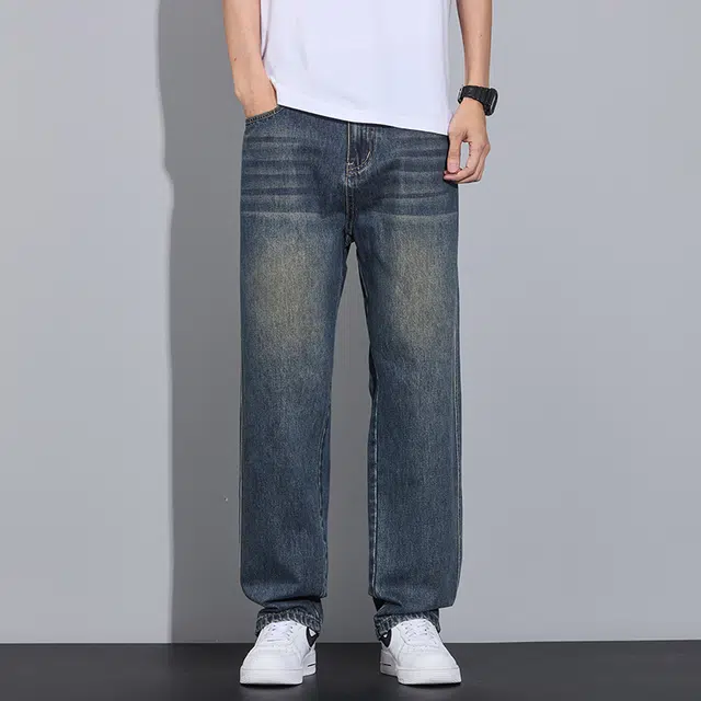 么宁 美式高街水洗做旧宽松直筒简约百搭潮流时尚舒适透气个性痞帅休闲运动牛仔裤 男女同款