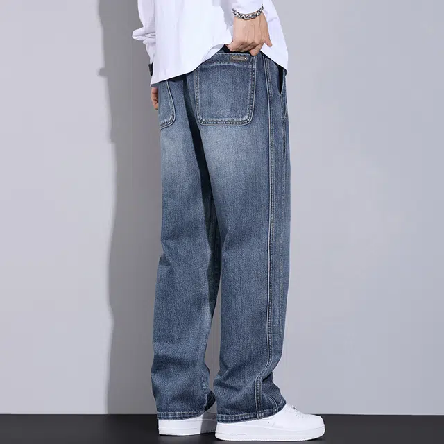 么宁 美式高街个性潮牌宽松直筒裤简约百搭抽绳松紧腰舒适透气休闲阔腿牛仔裤 男女同款