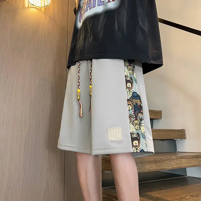 么宁 个性刺绣印花宽松百搭五分裤薄款舒适透气设计感运动休闲短裤 男女同款