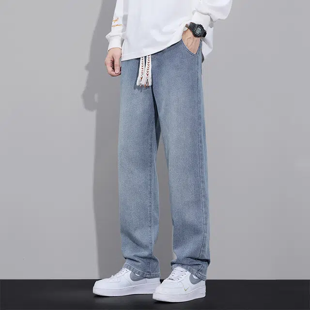 么宁 美式复古舒适透气潮流时尚简约百搭宽松直筒个性痞帅休闲运动阔腿牛仔裤 男女同款