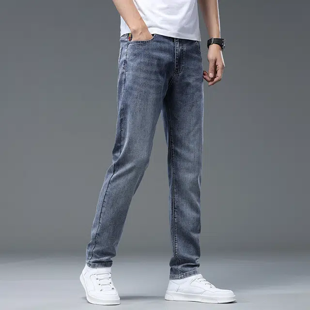 么宁 韩版潮流时尚修身弹力直筒裤舒适透气简约百搭个性痞帅运动休闲牛仔裤 男女同款
