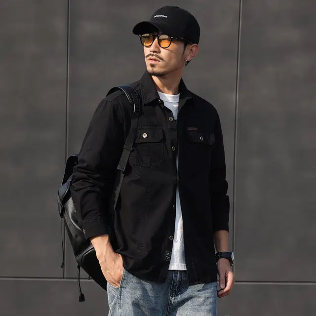 么宁 美式纯棉工装衬衣长袖翻领休闲外套舒适透气宽松上衣个性时尚衬衫 男女同款